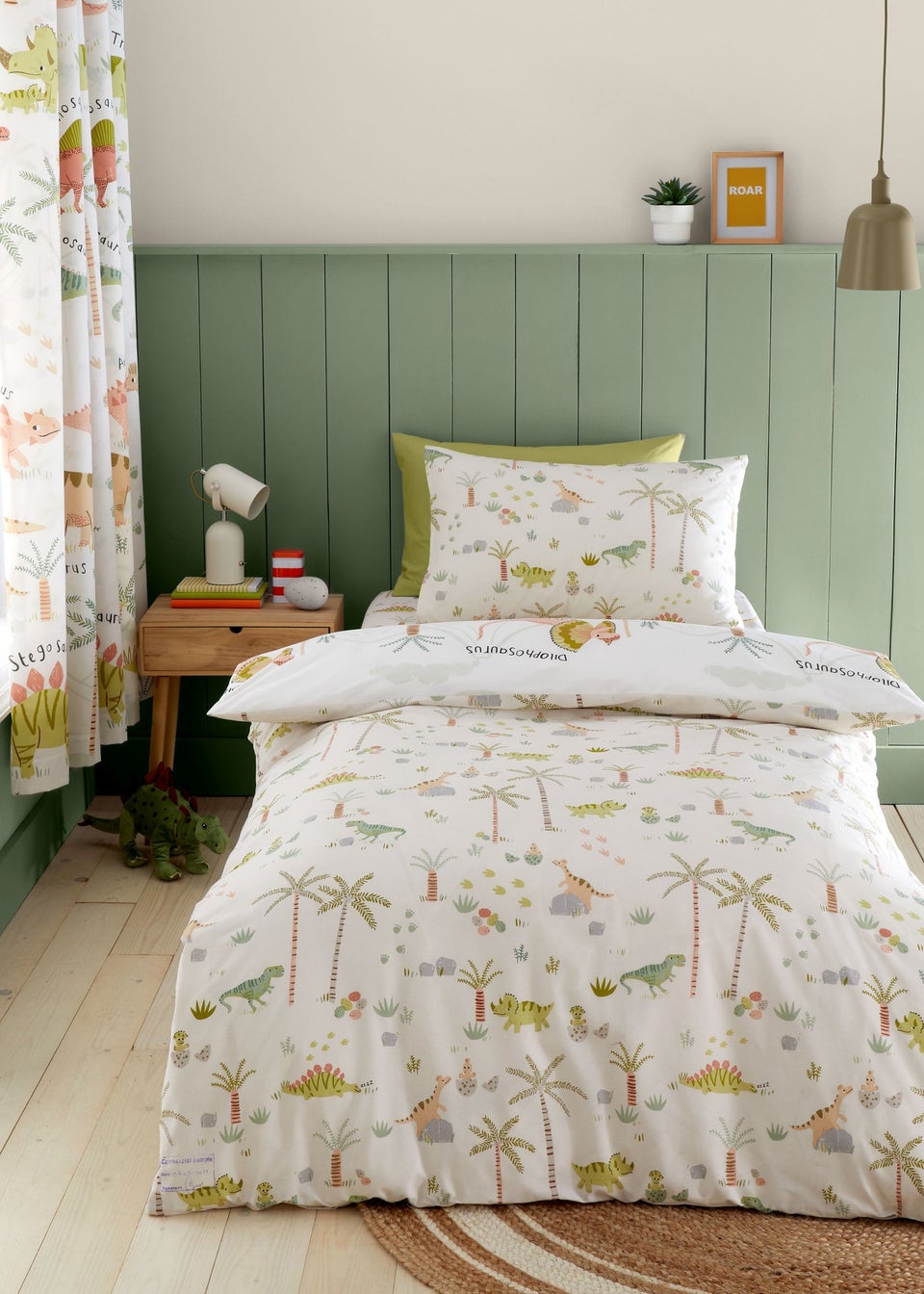 Catherine Lansfield Sleepy Dino Reversible Natural Green Duvet Cover Set
