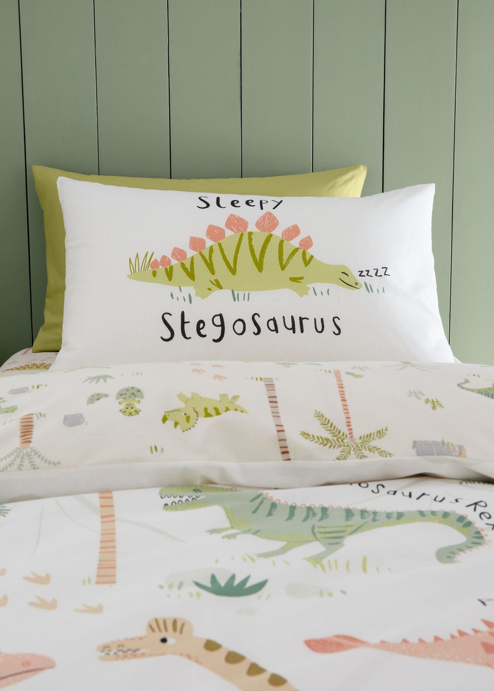 Catherine Lansfield Sleepy Dino Reversible Natural Green Duvet Cover Set