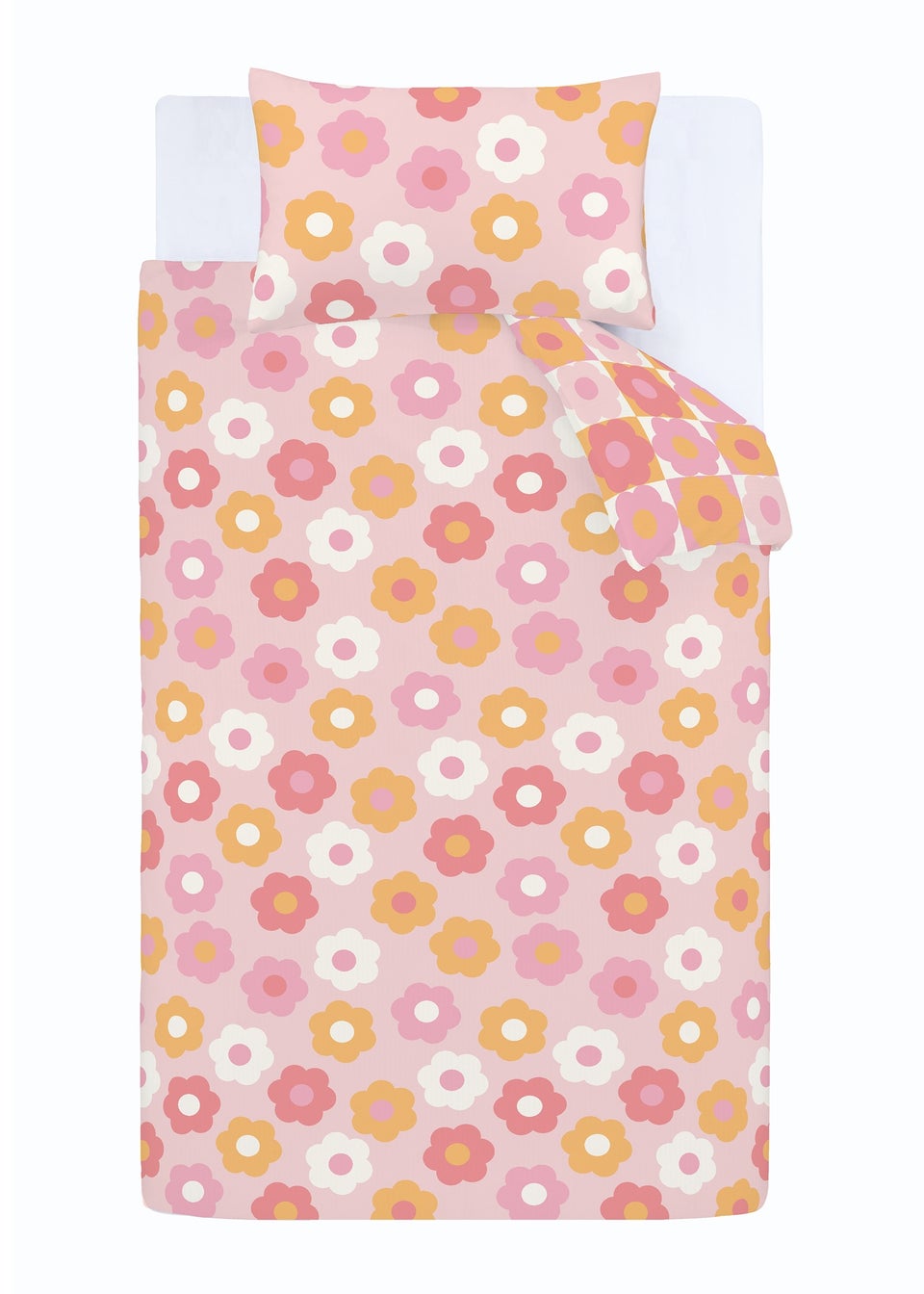 Catherine Lansfield Retro Daisy Reversible Pink Yellow Duvet Cover Set