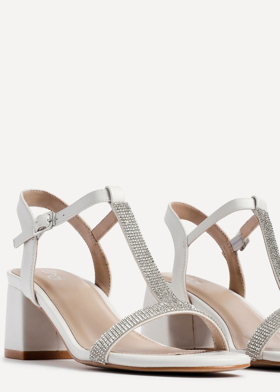 Linzi Amaya White Faux Leather T Bar Diamante Block Heeled Sandal
