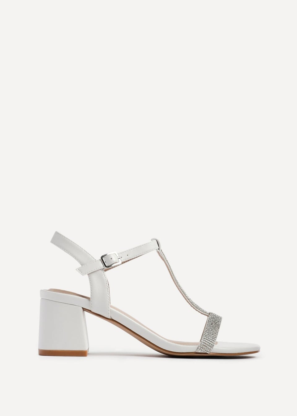 Linzi Amaya White Faux Leather T Bar Diamante Block Heeled Sandal