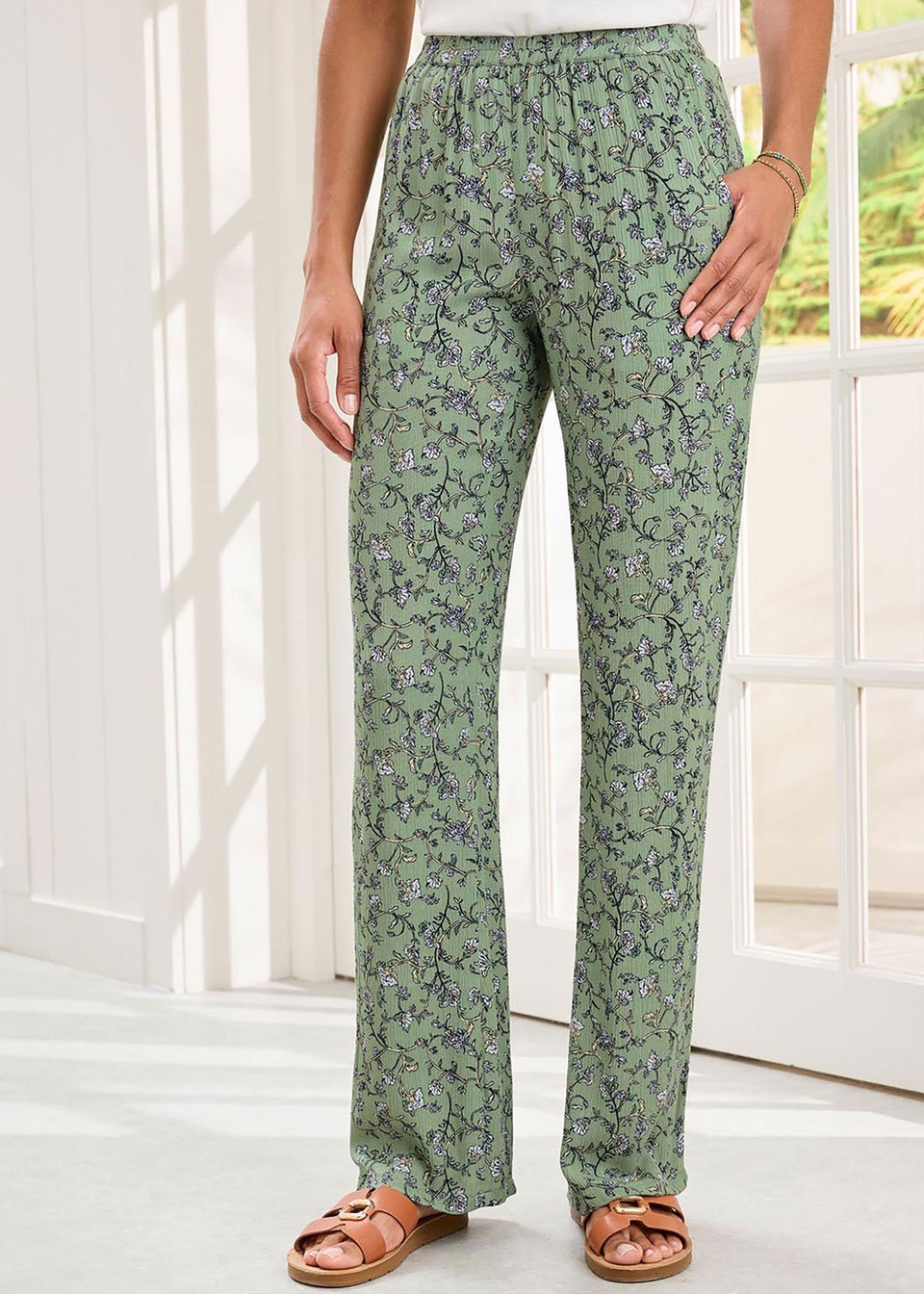 Cotton Traders Mint Pull On Printed Crinkle Trousers