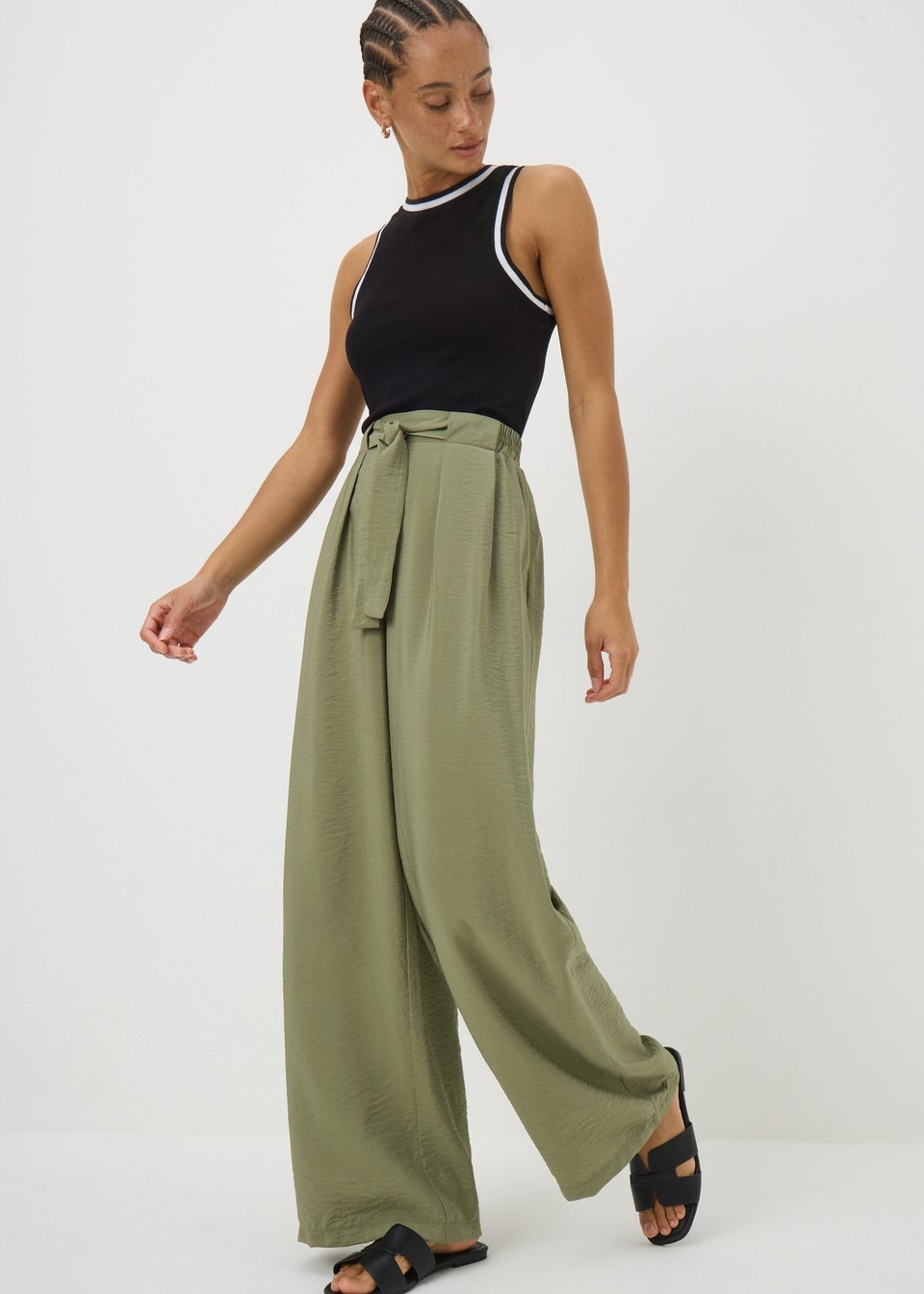 Khaki Tie Waist Wide Leg Trousers