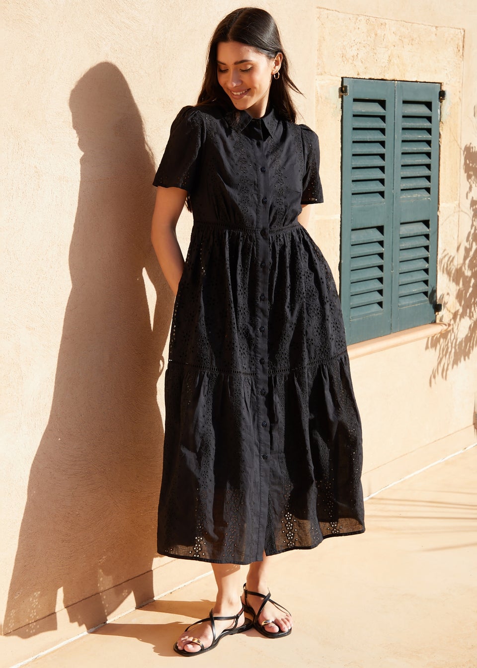 Threadbare Black Short Sleeve Collared Broderie Maxi Shirt Dress