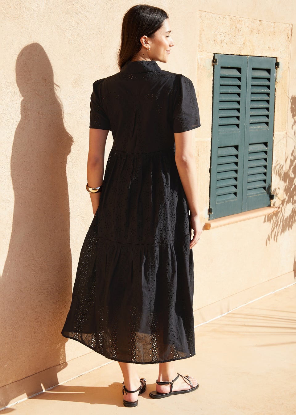Threadbare Black Short Sleeve Collared Broderie Maxi Shirt Dress