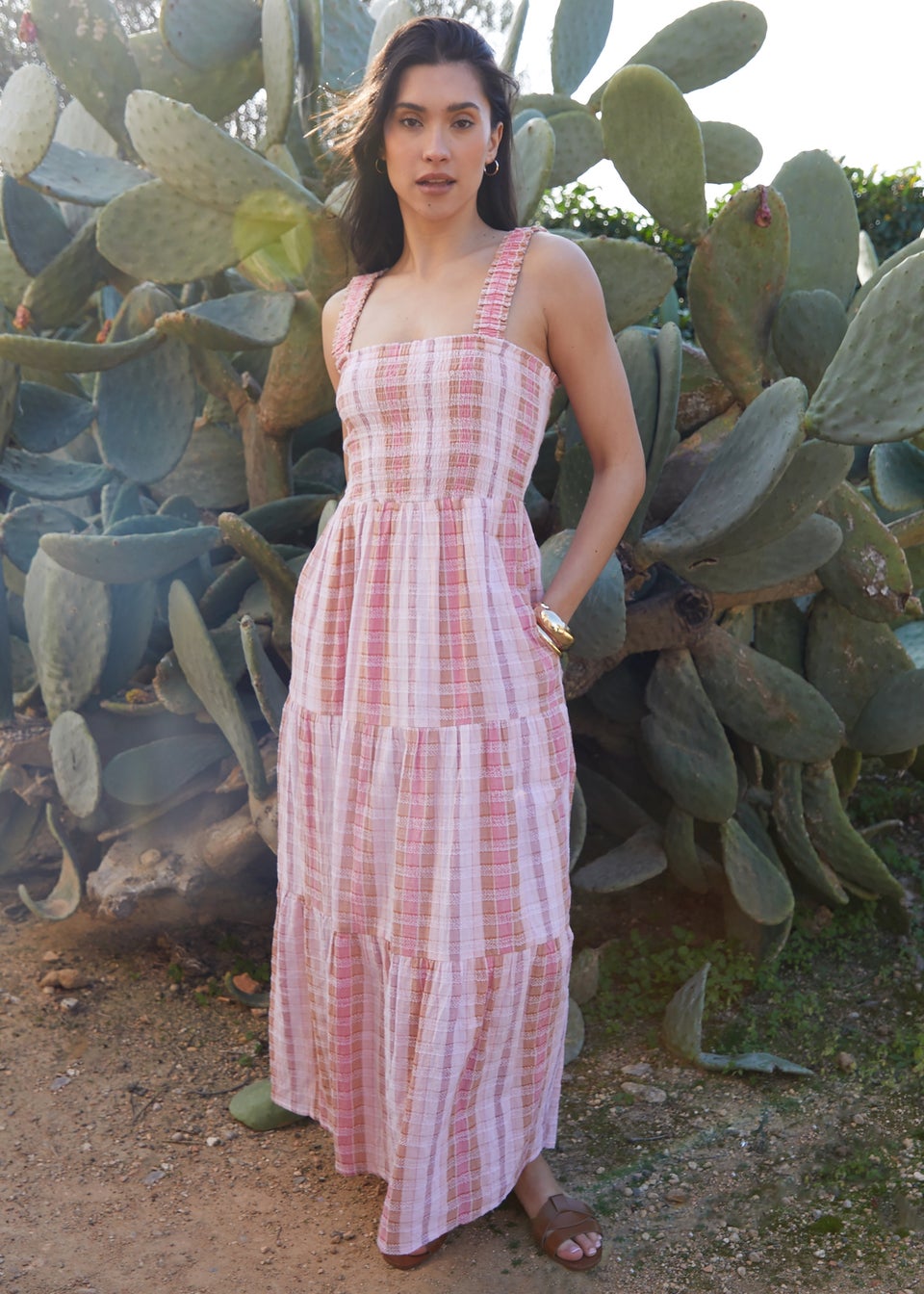 Threadbare Pink Check Shirred Guaze Tiered Midi Dress