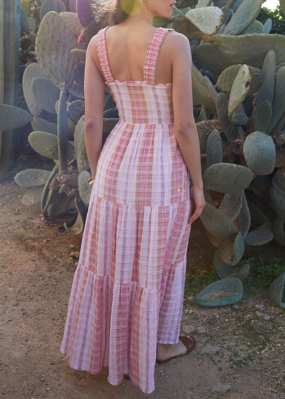 Threadbare Pink Check Shirred Guaze Tiered Midi Dress