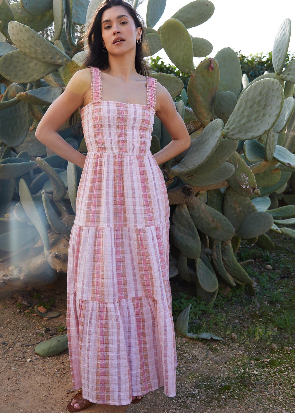 Threadbare Pink Check Shirred Guaze Tiered Midi Dress