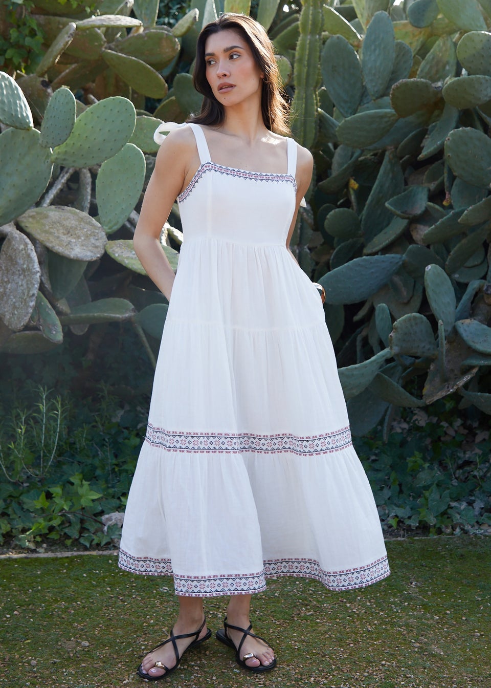 Threadbare Cream Embroidered Tiered Maxi Dress