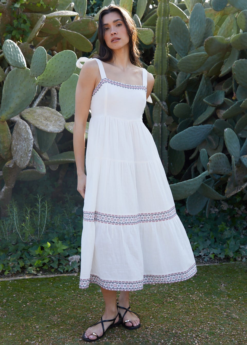 Threadbare Cream Embroidered Tiered Maxi Dress
