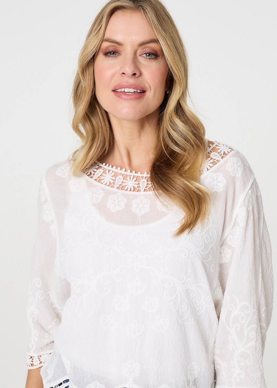 Izabel London White Lace Trim Sheer Layered Blouse