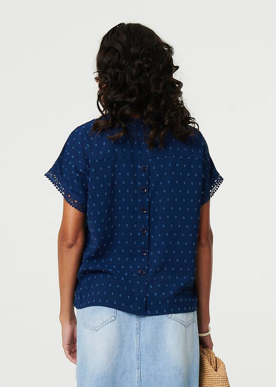 Izabel London Navy Lace Trim Short Sleeve Button Back Blouse
