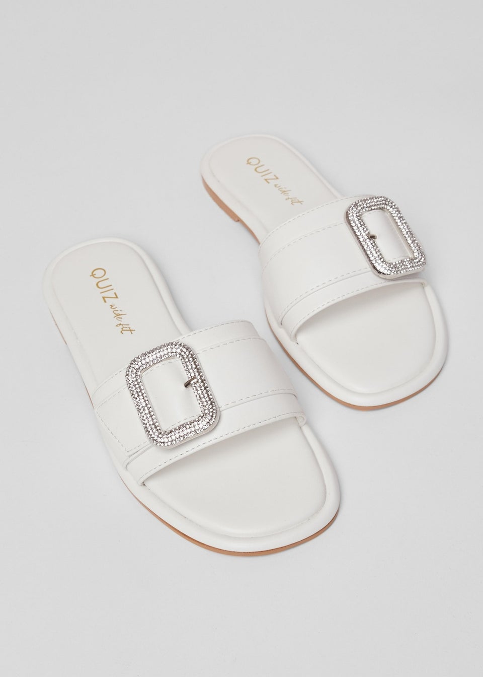Quiz White Wide Fit Diamante Buckle Sandals