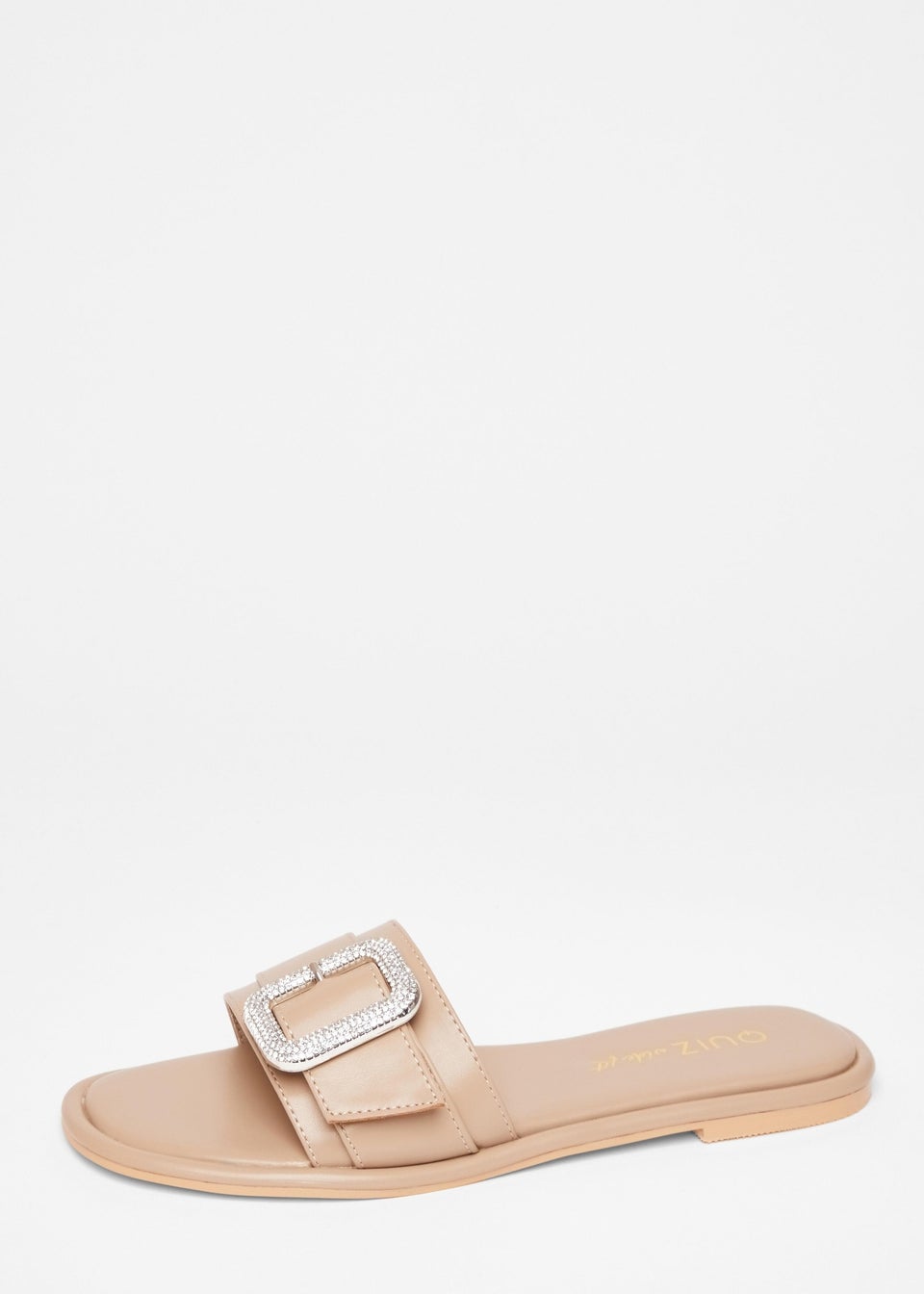 Quiz Natural Wide Fit Diamante Buckle Flat Sandals