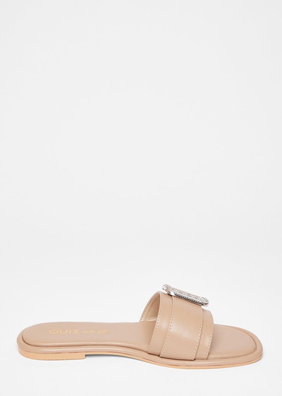 Quiz Natural Wide Fit Diamante Buckle Flat Sandals