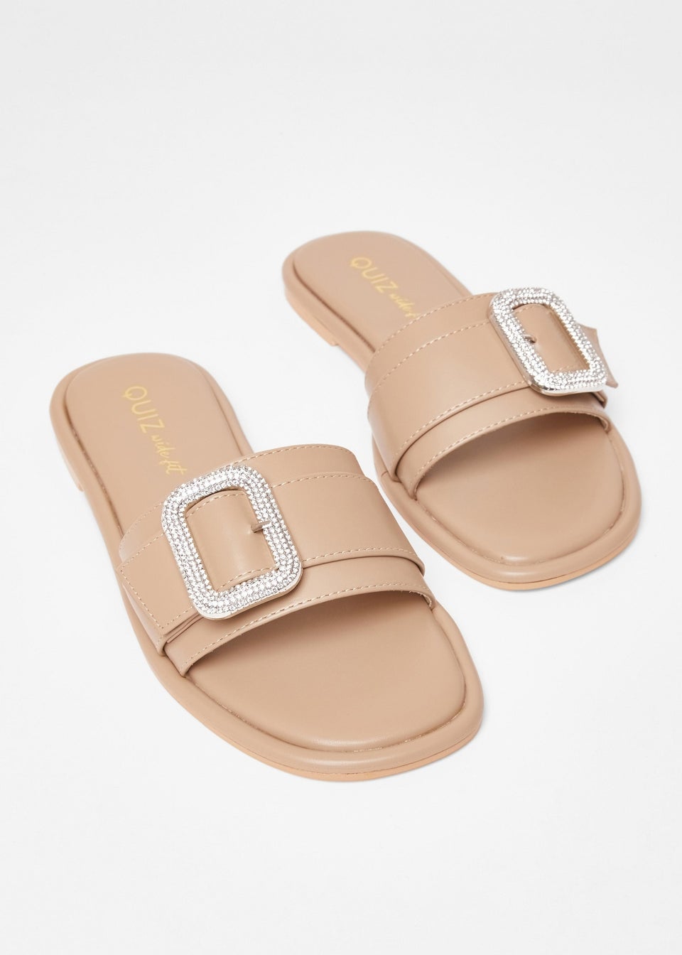 Quiz Natural Wide Fit Diamante Buckle Flat Sandals