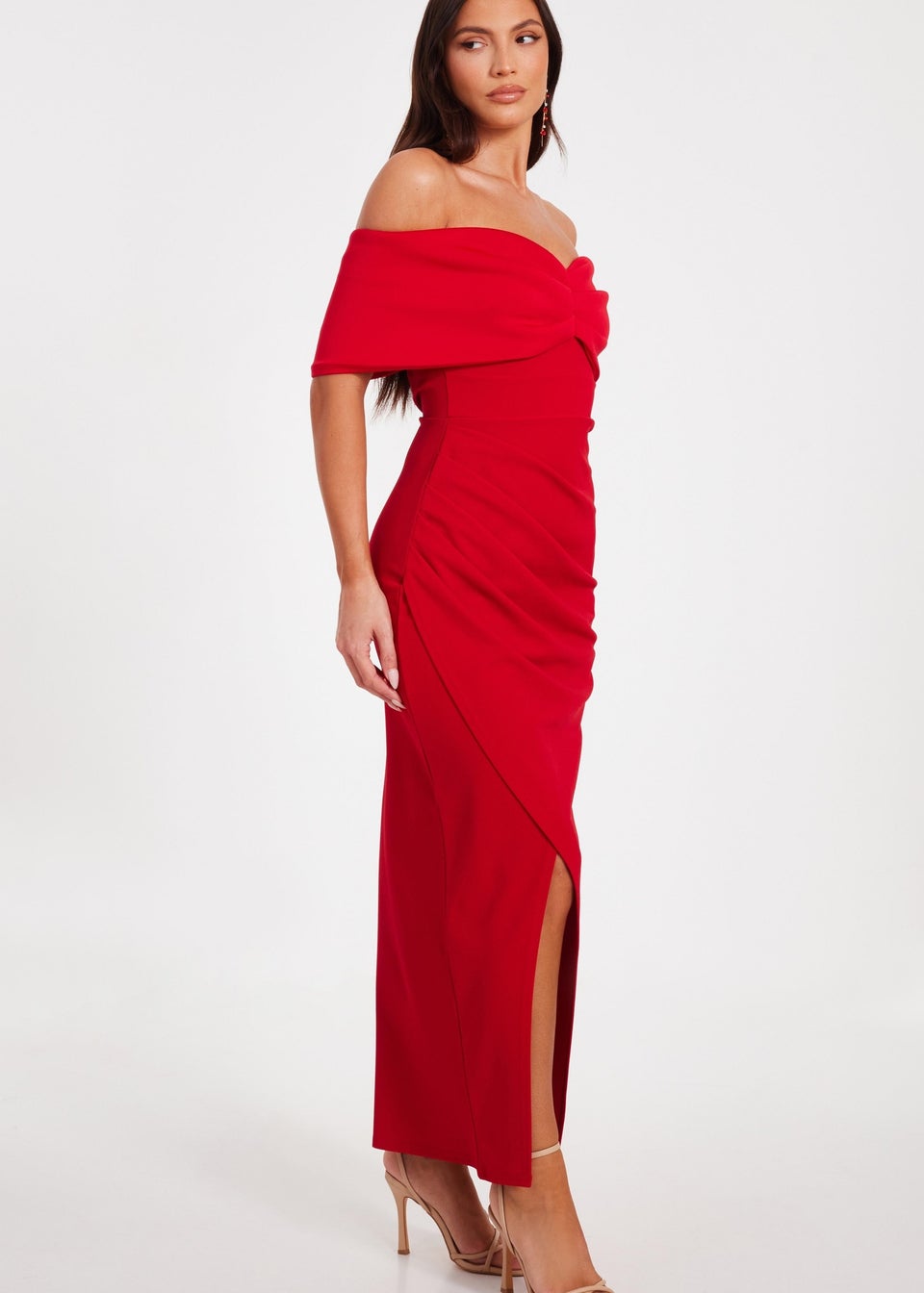 Quiz Red Petite Bardot Front Wrap Maxi Dress