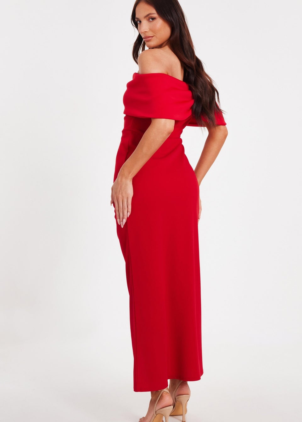 Quiz Red Petite Bardot Front Wrap Maxi Dress