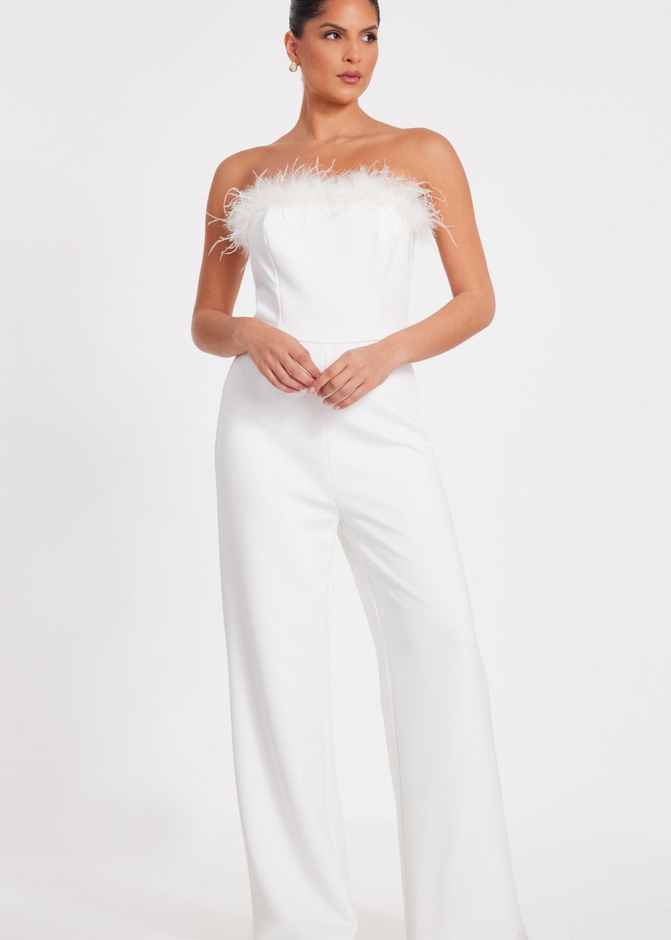 Quiz White Feather Trim Jumpsuit