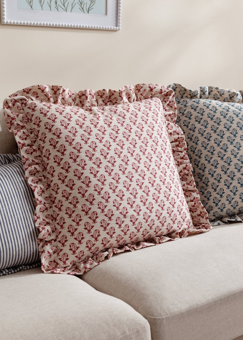Furn Lulah Block Printed Ruffle Red Cushion (45 x 45 x 8 cm)