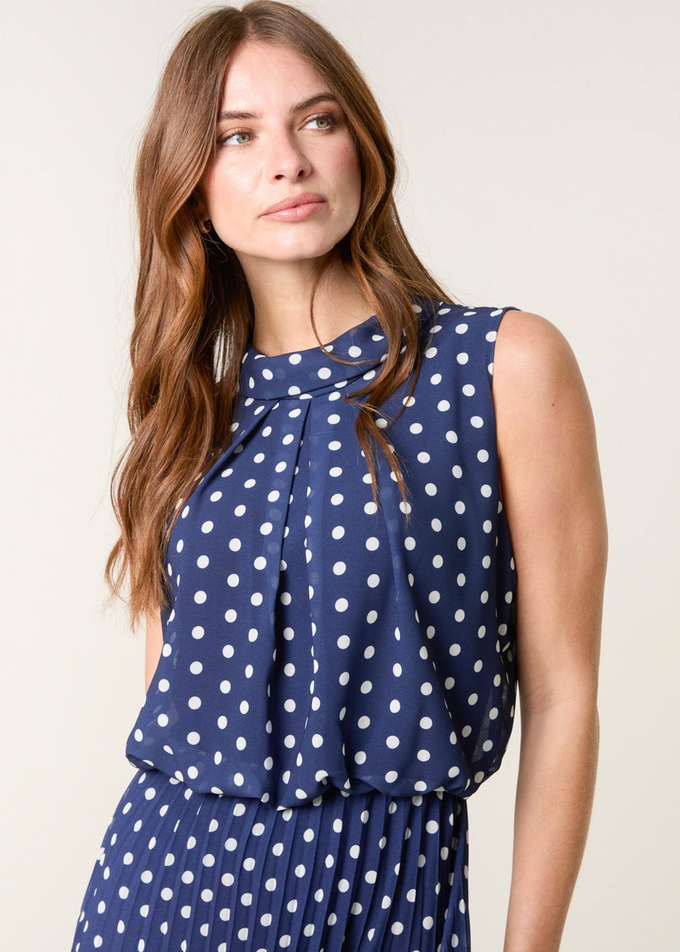 Blue Vanilla Navy Polka Dot Sleeveless Cowl Pleat Dress