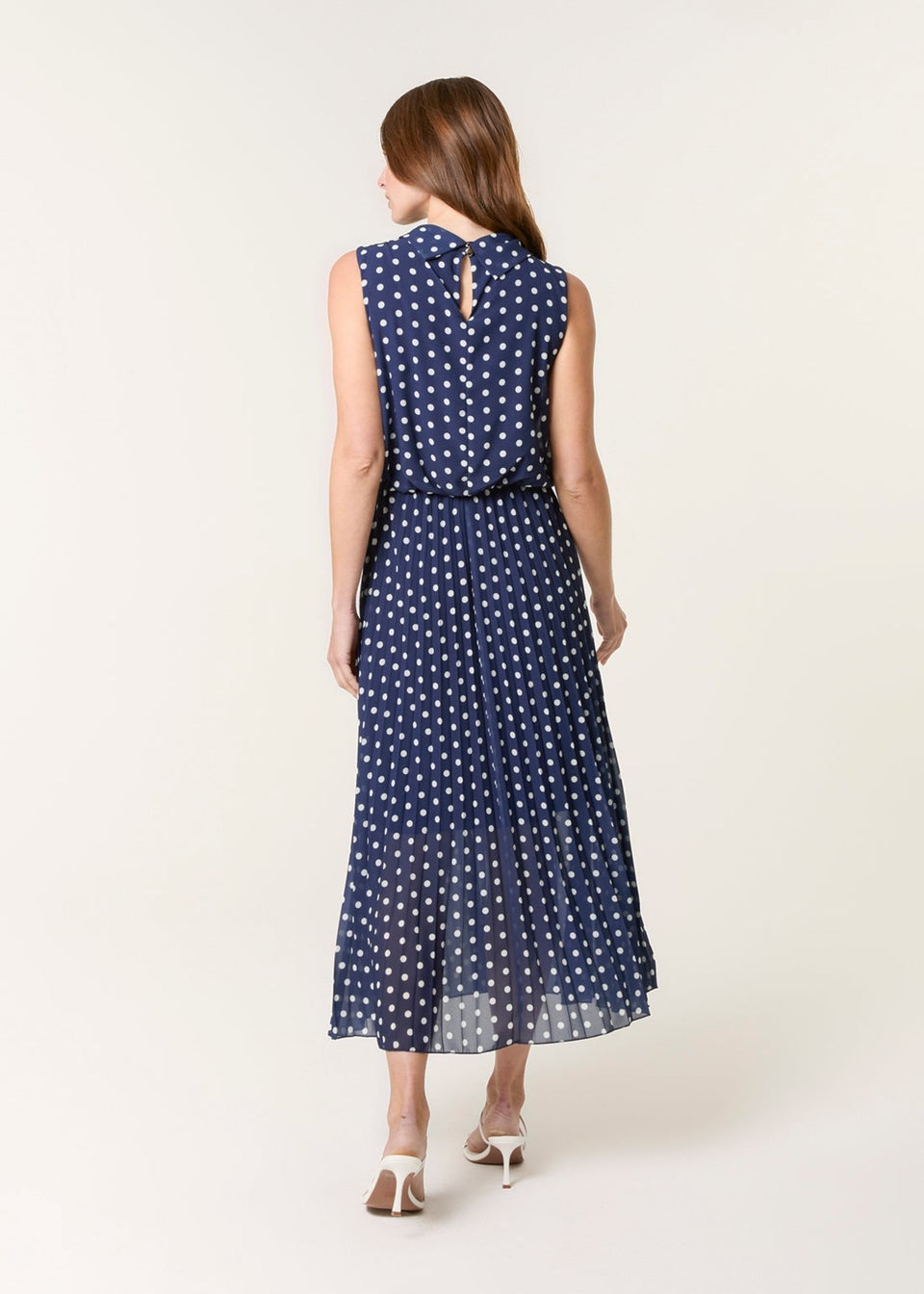 Blue Vanilla Navy Polka Dot Sleeveless Cowl Pleat Dress