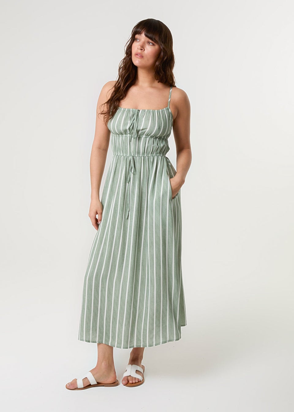 Blue Vanilla Khaki Tie Front Midi Dress