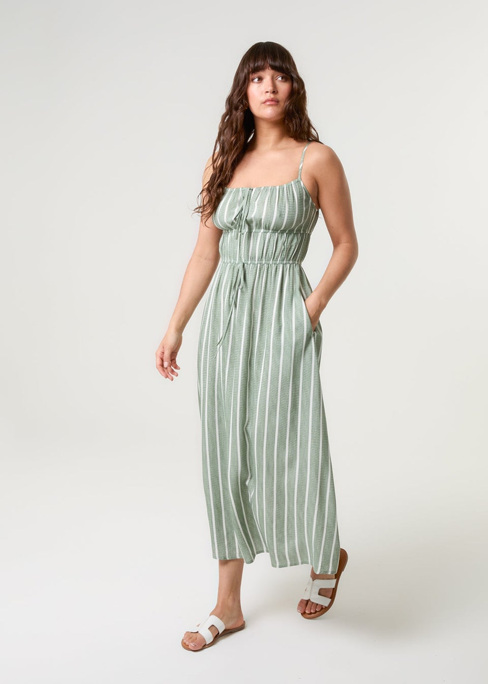 Blue Vanilla Khaki Tie Front Midi Dress