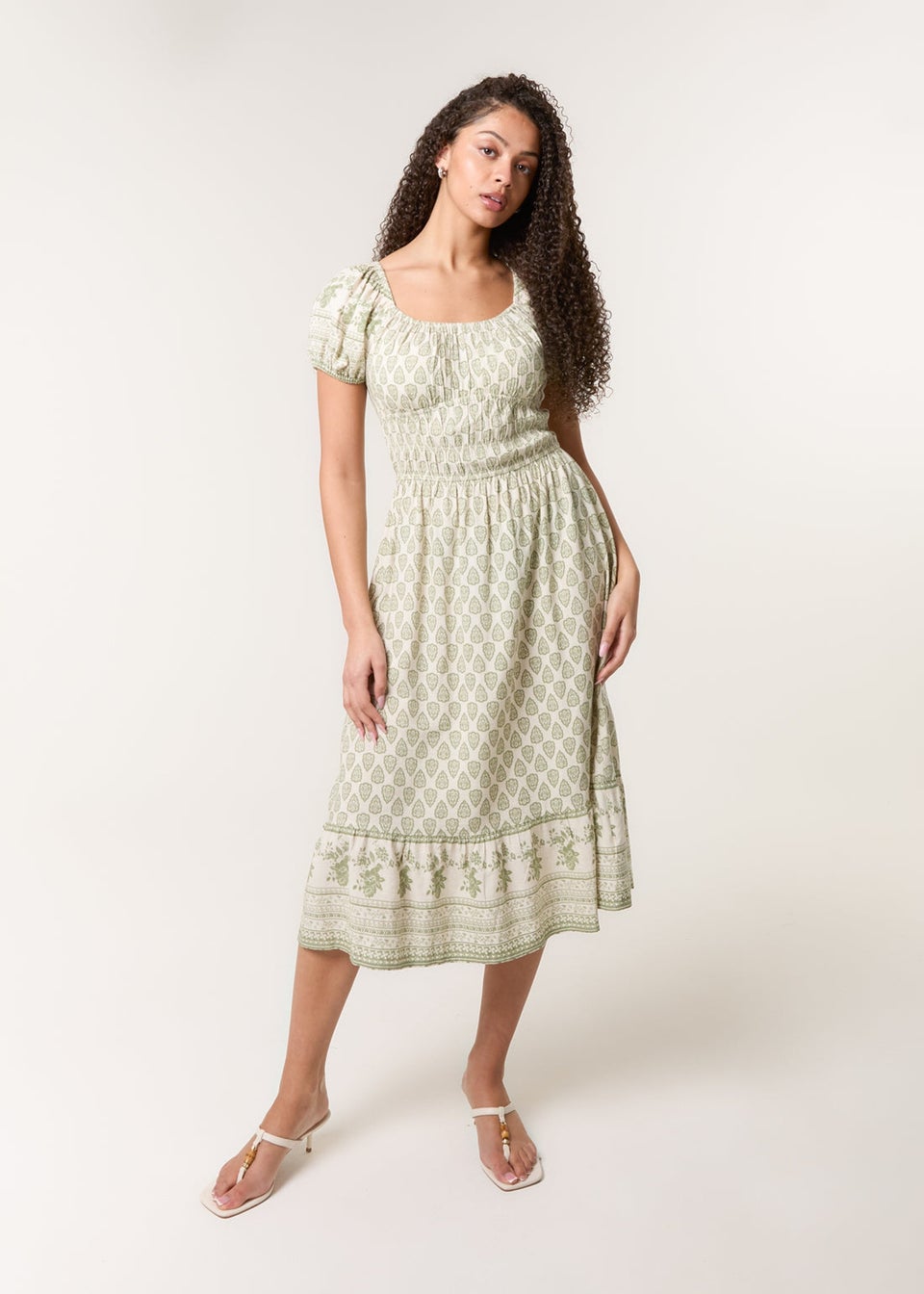 Blue Vanilla Green Border Print Puff Sleeve Midi Dress