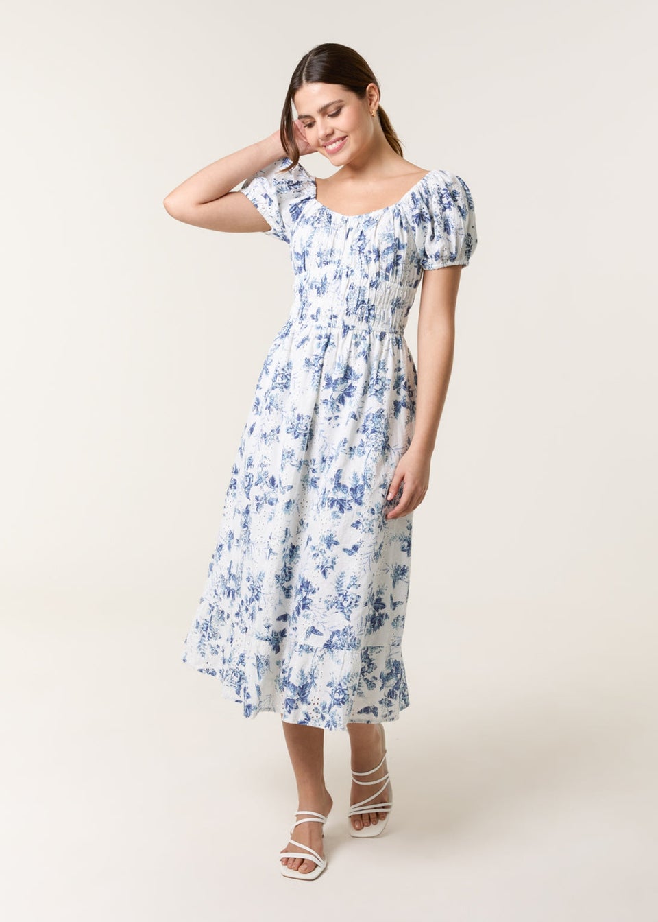 Blue Vanilla Blue Puff Sleeve Shirred Print Dress