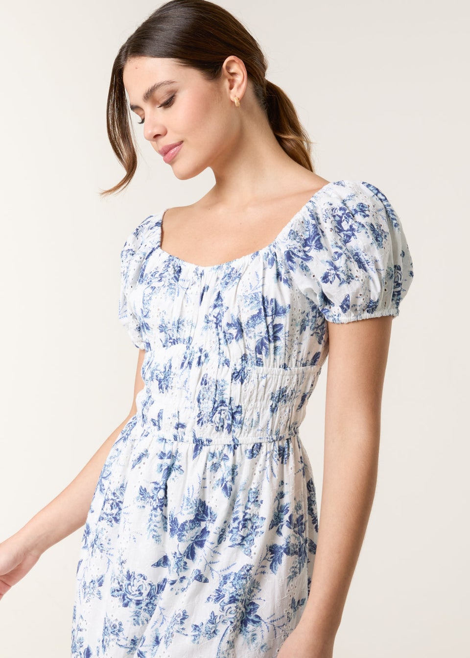 Blue Vanilla Blue Puff Sleeve Shirred Print Dress