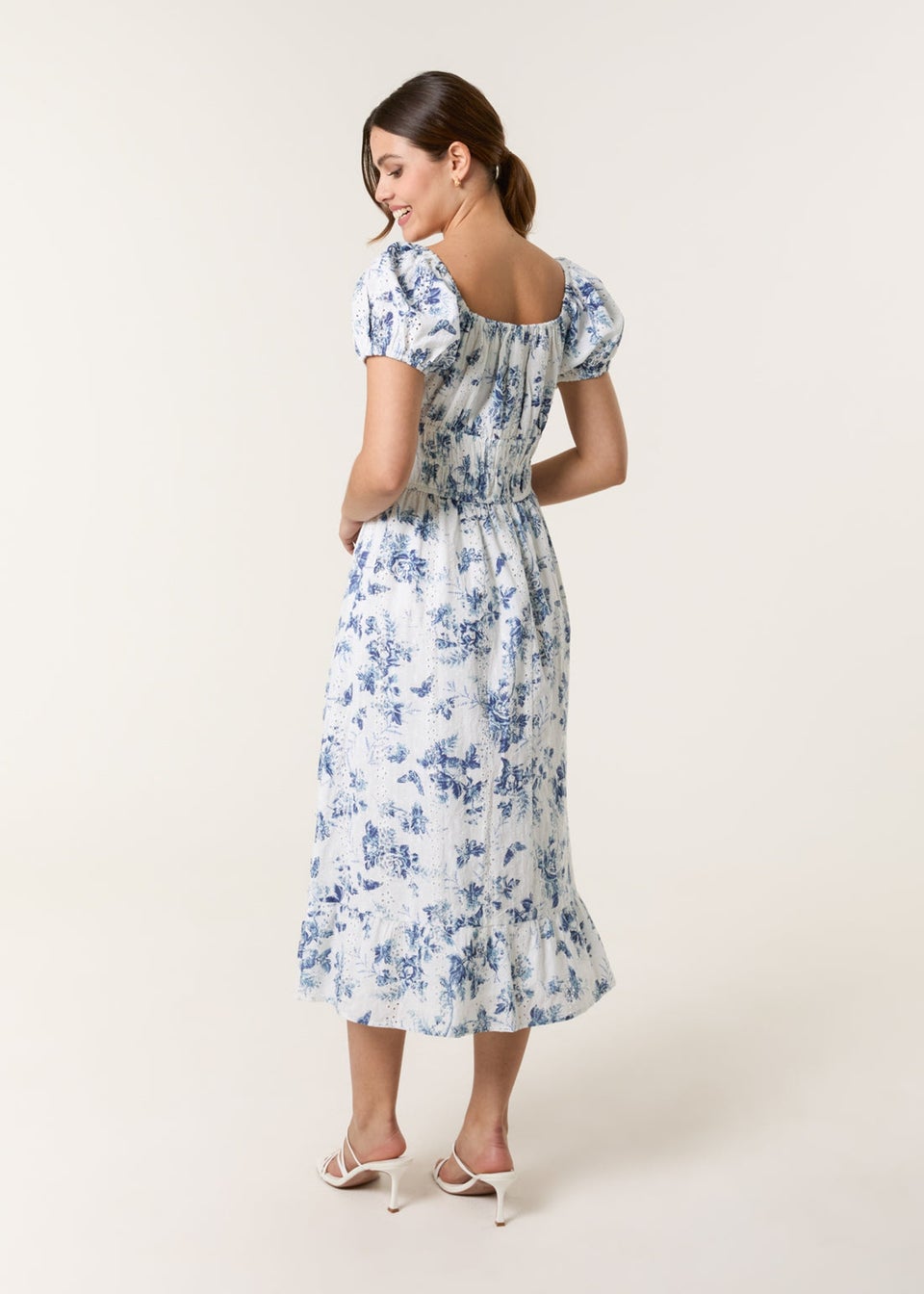 Blue Vanilla Blue Puff Sleeve Shirred Print Dress