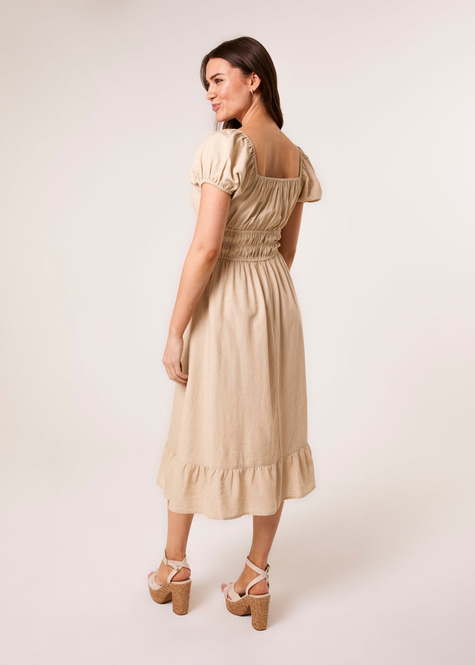Blue Vanilla Stone Puff Sleeve Shirred Panel Dress