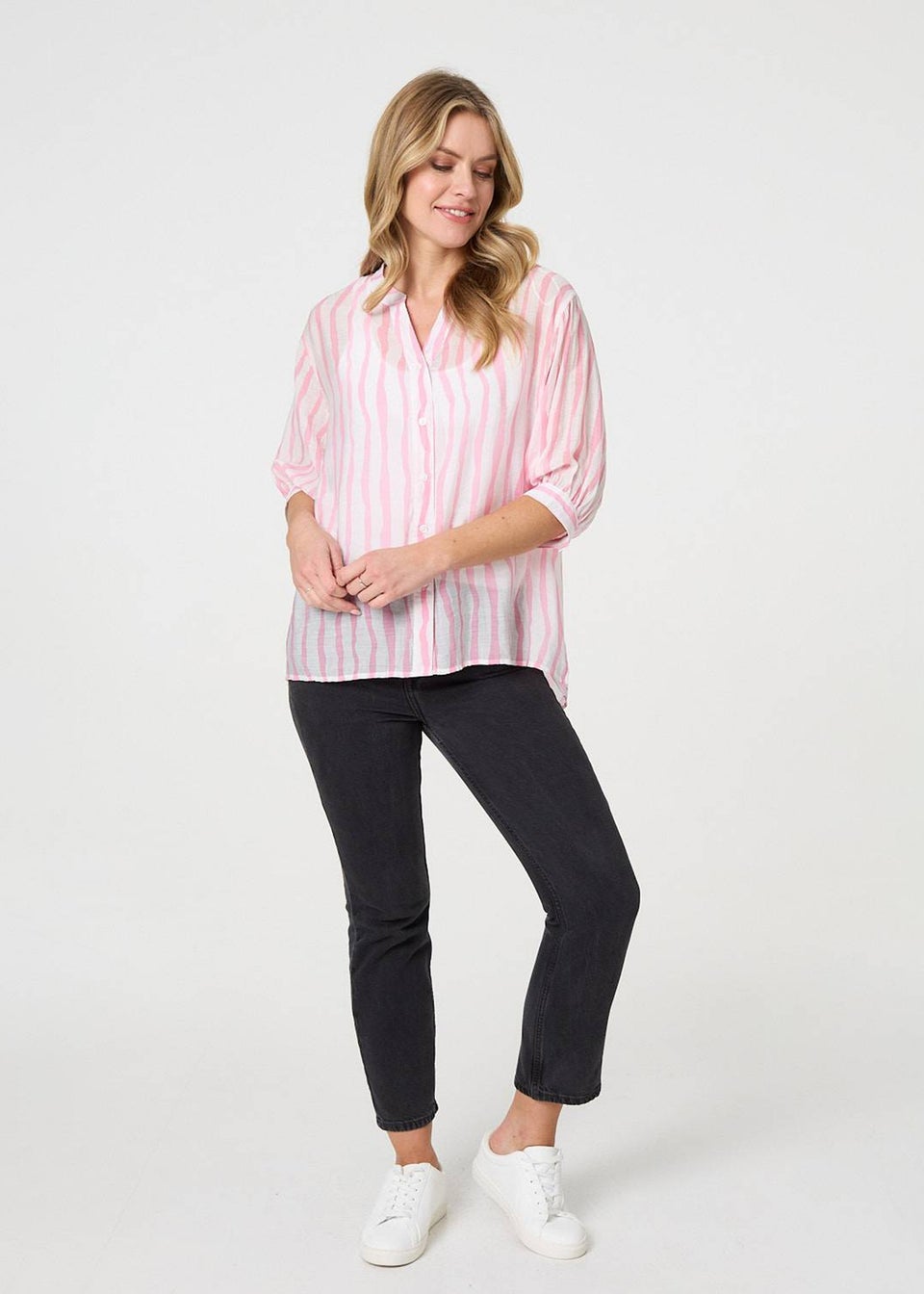 Izabel London Pink Striped Sheer 3/4 Sleeve Relaxed Shirt