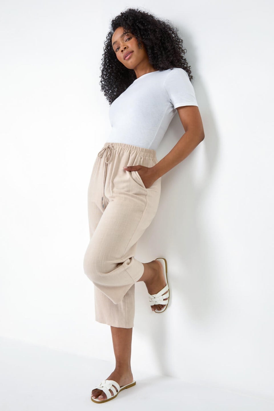 Roman Stone Petite Linen Mix Wide Cropped Trousers