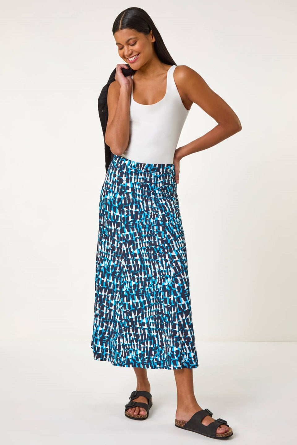 Roman Turquoise Geo Print A Line Stretch Skirt