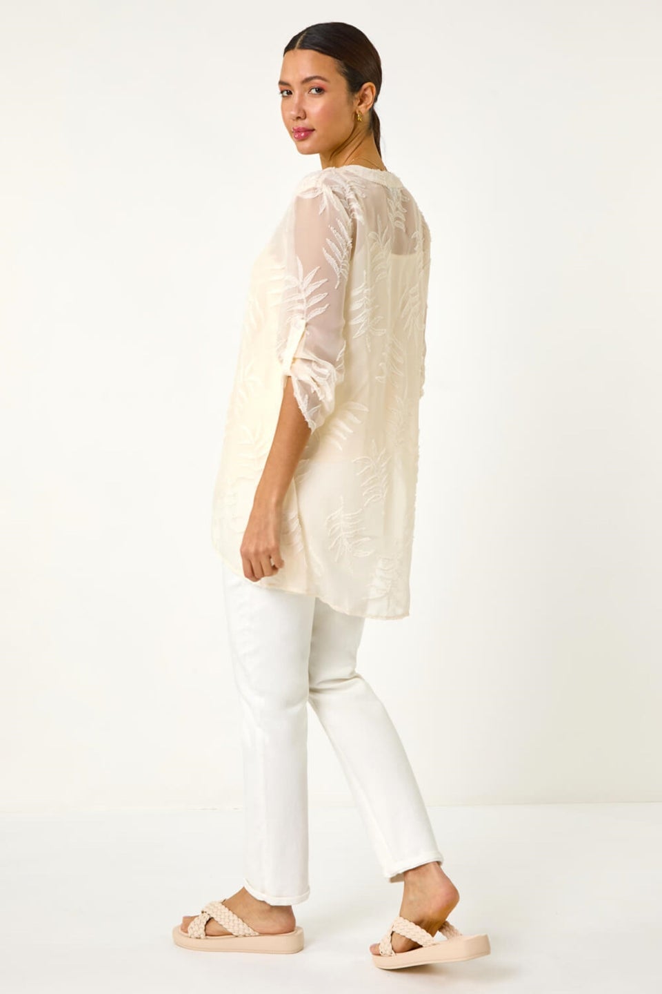 Roman Ivory Leaf Print Burnout Wrap Tunic Top