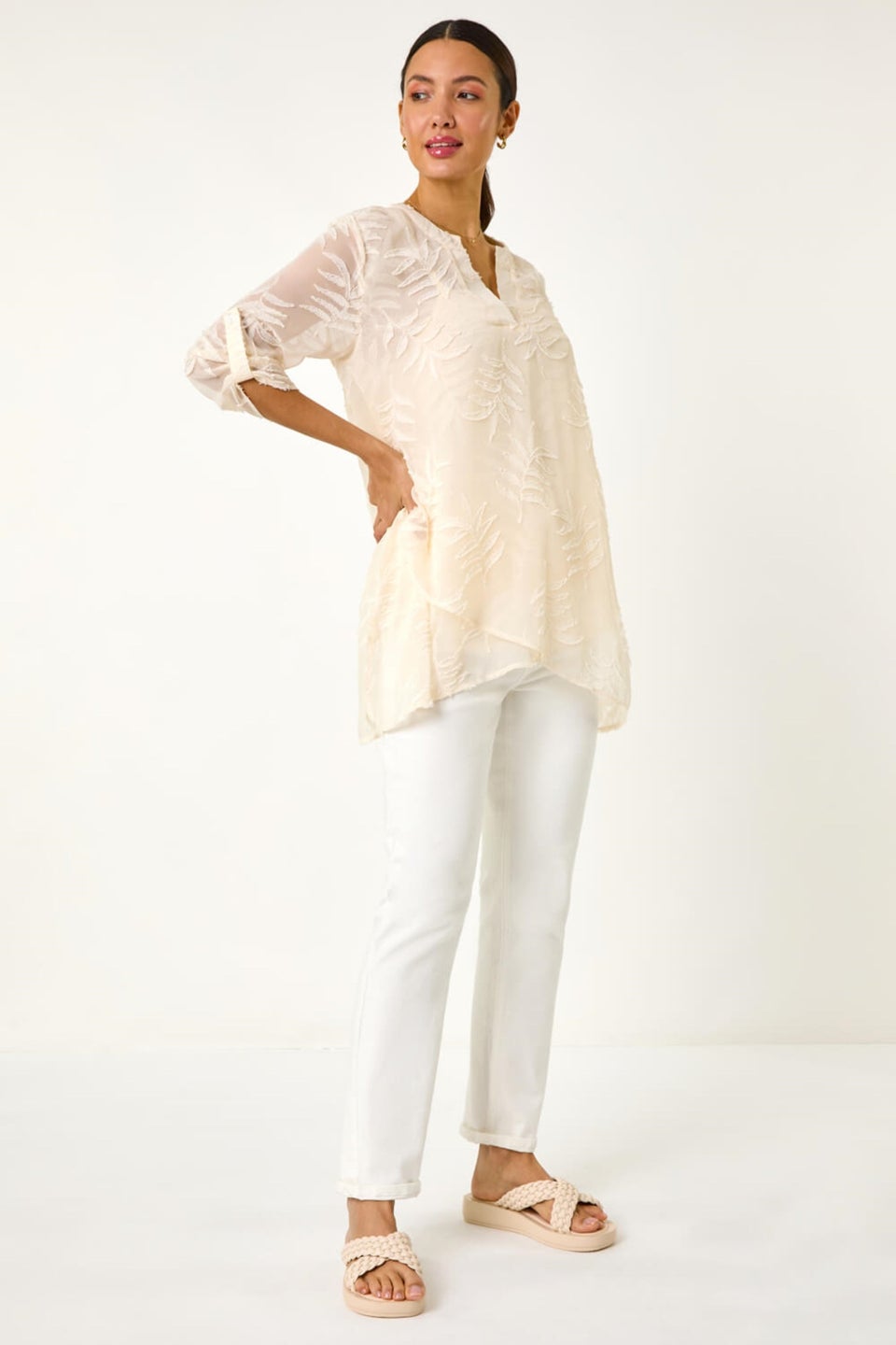 Roman Ivory Leaf Print Burnout Wrap Tunic Top