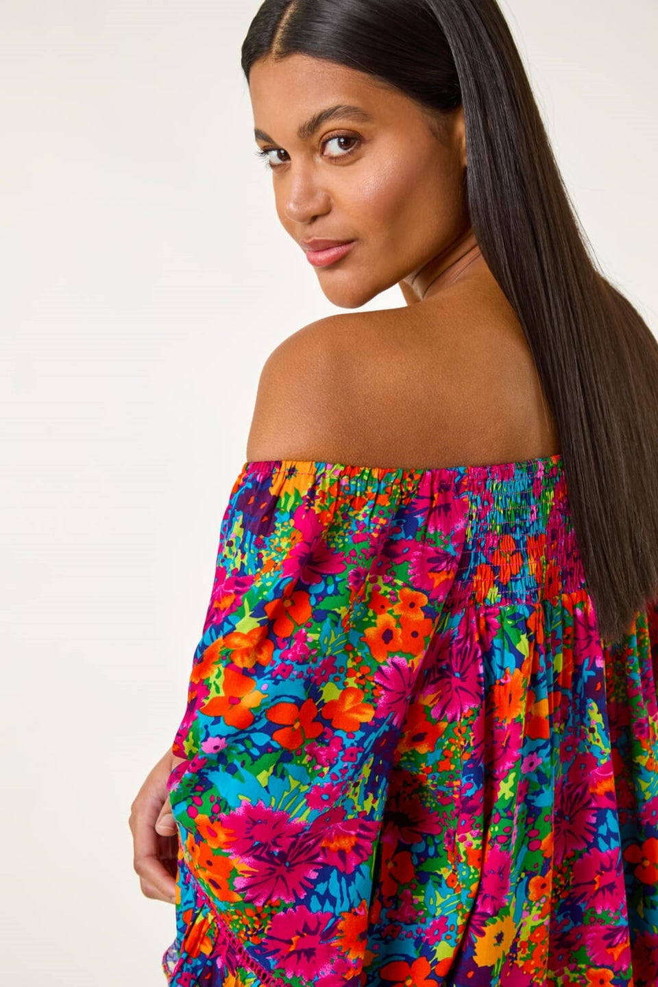 Roman Orange Floral Print Bardot Top