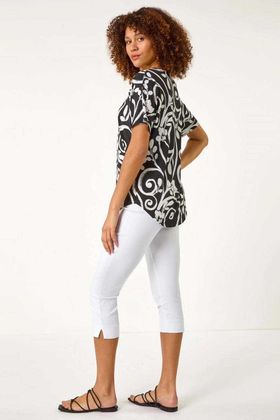 Roman Black Textured Print Zip Detail Top