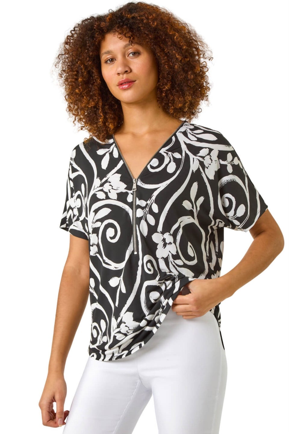 Roman Black Textured Print Zip Detail Top