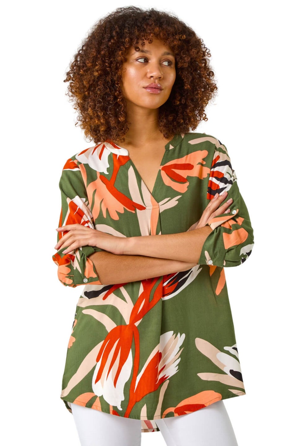 Roman Khaki Abstract Print Pleat Detail Top