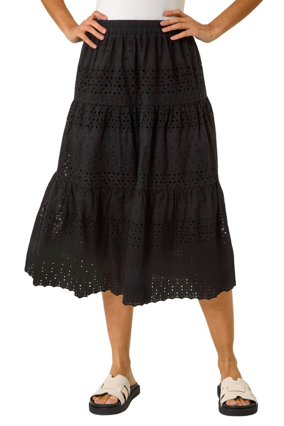 Roman Black Broderie Cotton A Line Midi Skirt