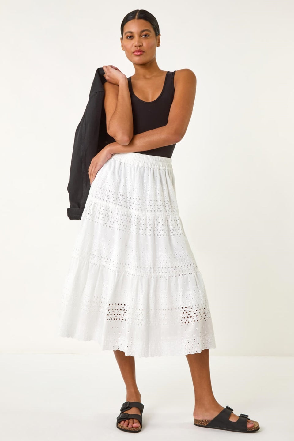 Roman Ivory Broderie Cotton A Line Midi Skirt