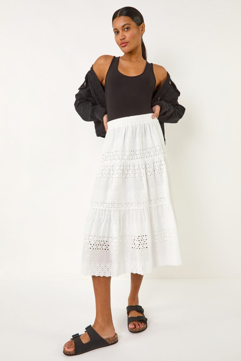 Roman Ivory Broderie Cotton A Line Midi Skirt