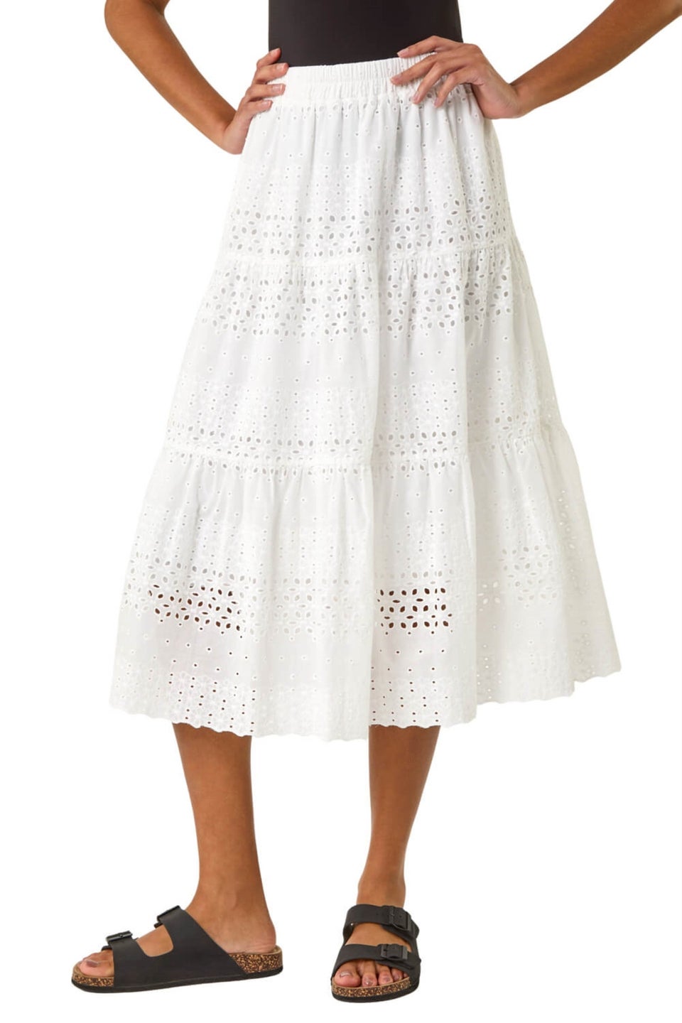 Roman Ivory Broderie Cotton A Line Midi Skirt