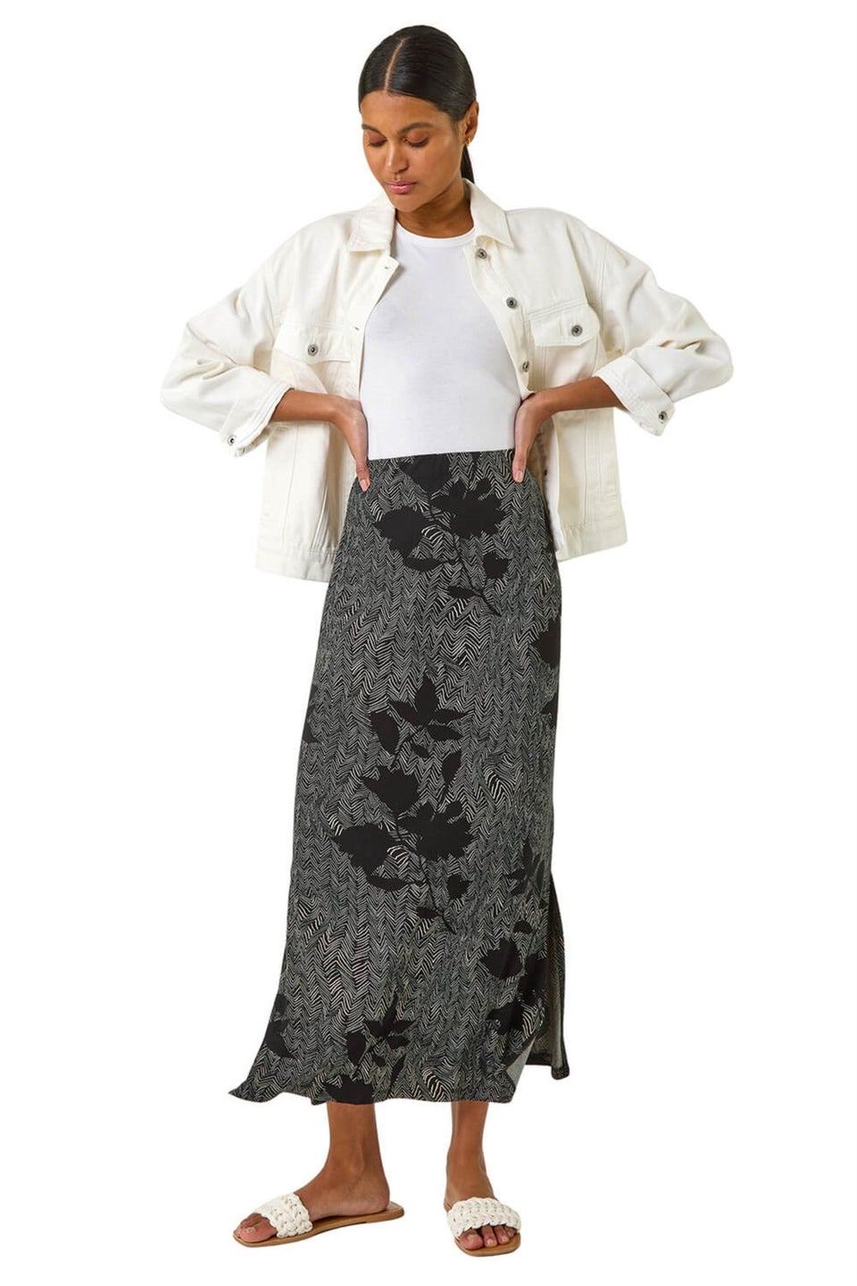 Roman Charcoal Abstract Leaf Print Maxi Skirt