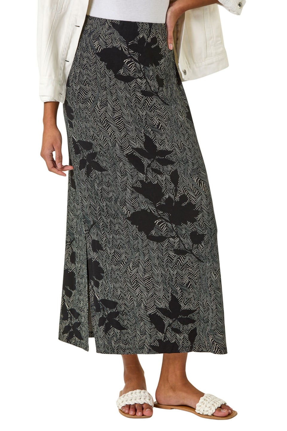 Roman Charcoal Abstract Leaf Print Maxi Skirt