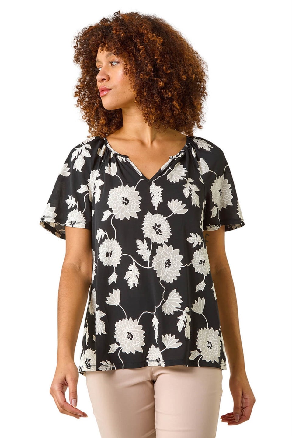 Roman Black Textured Floral Print V Neck Stretch Top