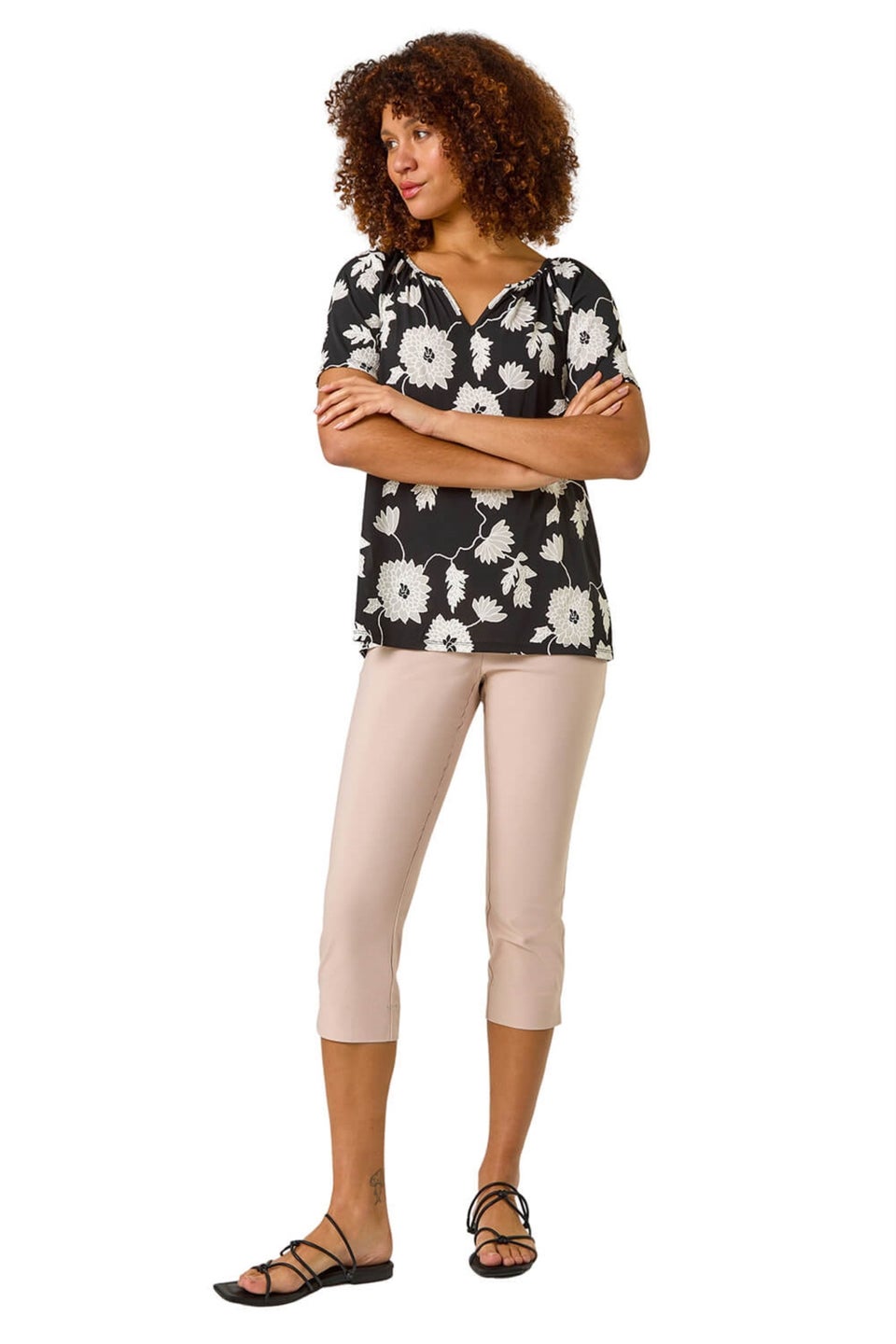 Roman Black Textured Floral Print V Neck Stretch Top